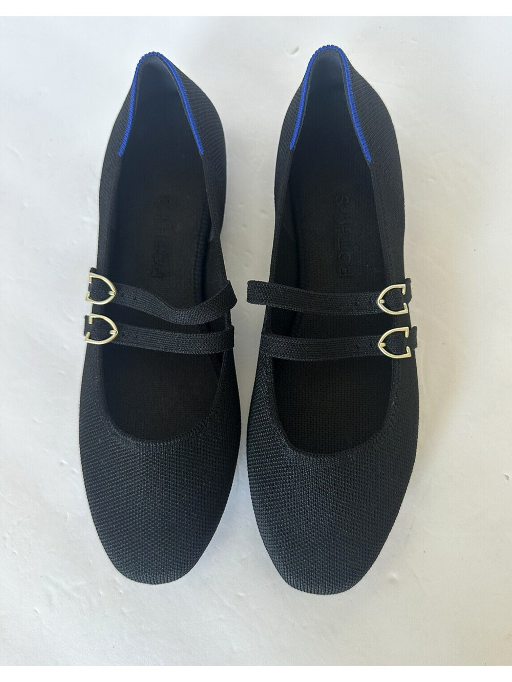 Rothy's Black/Blue Knit Mary Jane Flats Double Buckle Square Toe Women's 9.5